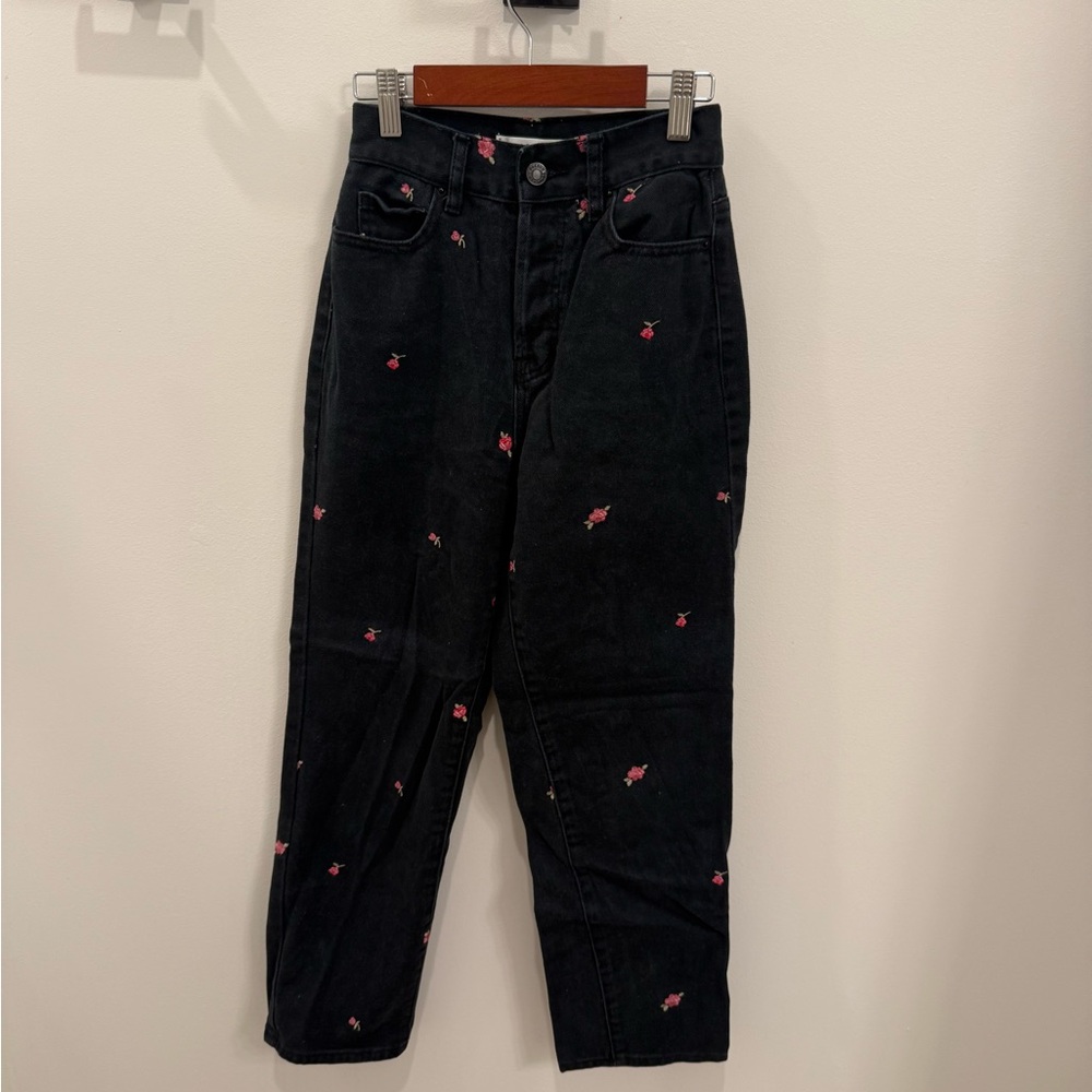 PacSun Black Straight Leg Jeans with Pink Embroidery